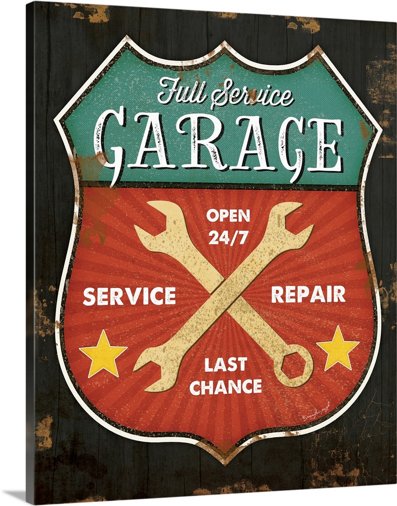A digital illustration of a full service garage sign with an antique appearance.