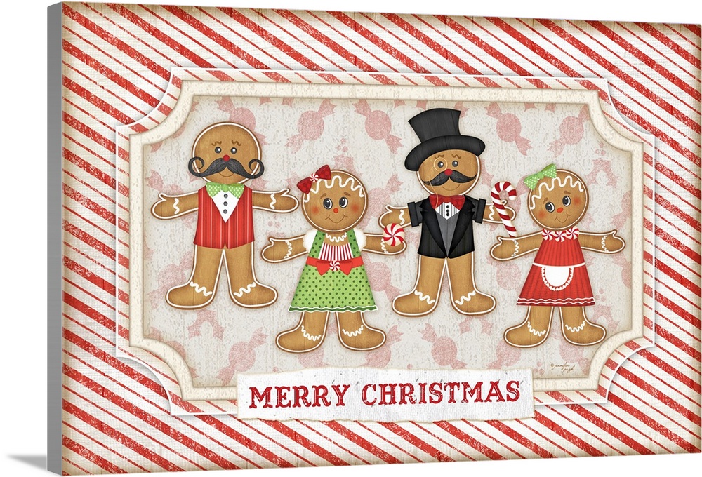Holiday themed home decor artwork of gingerbread people against a red and white striped background.