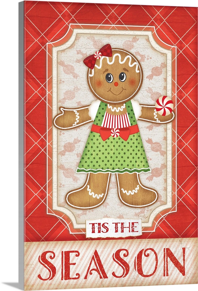 Holiday themed home decor artwork of a gingerbread girl against a red and white plaid background.