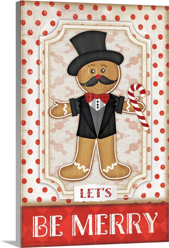 Holiday themed home decor artwork of a gingerbread man against a white and red polka dotted backg...