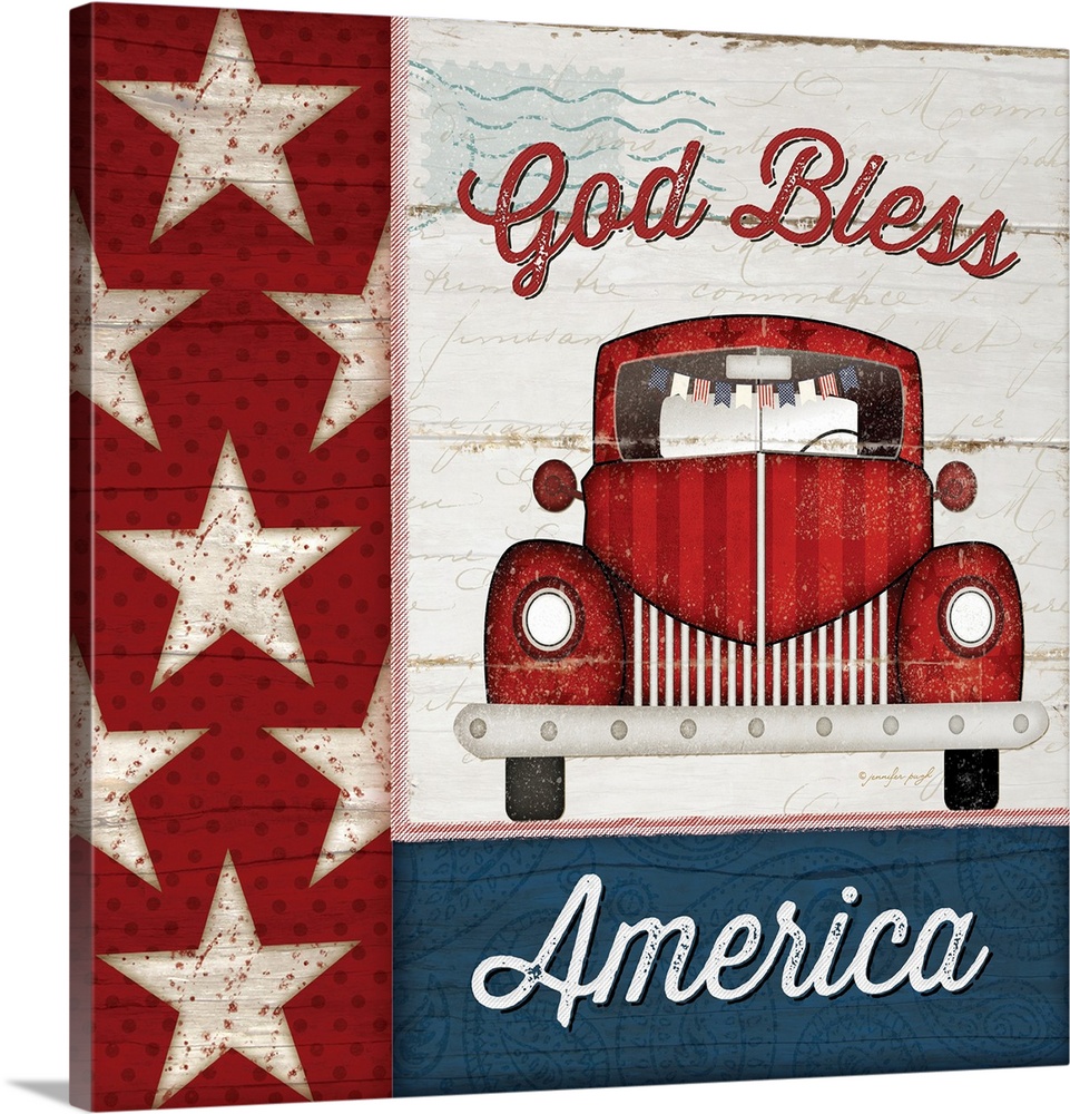 An assortment of Americana themed items stylized in a distressed fashion with the words, "God Bless America" .