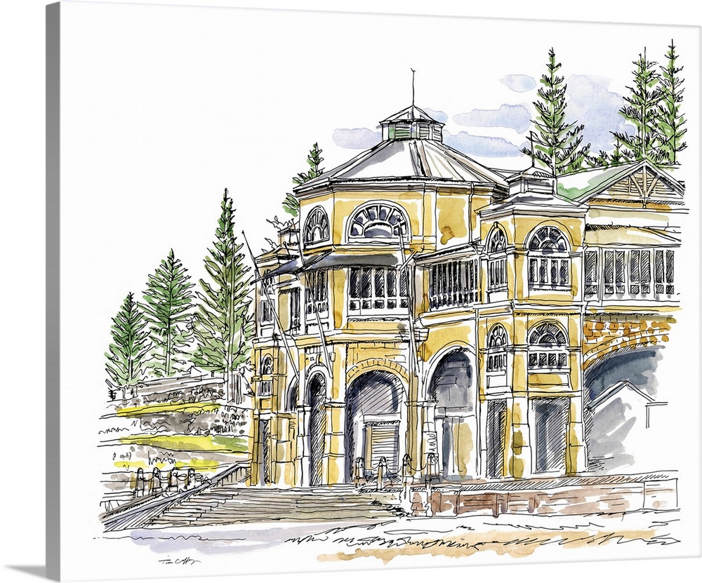 A lovely pen and ink depiction of a golden lit structure