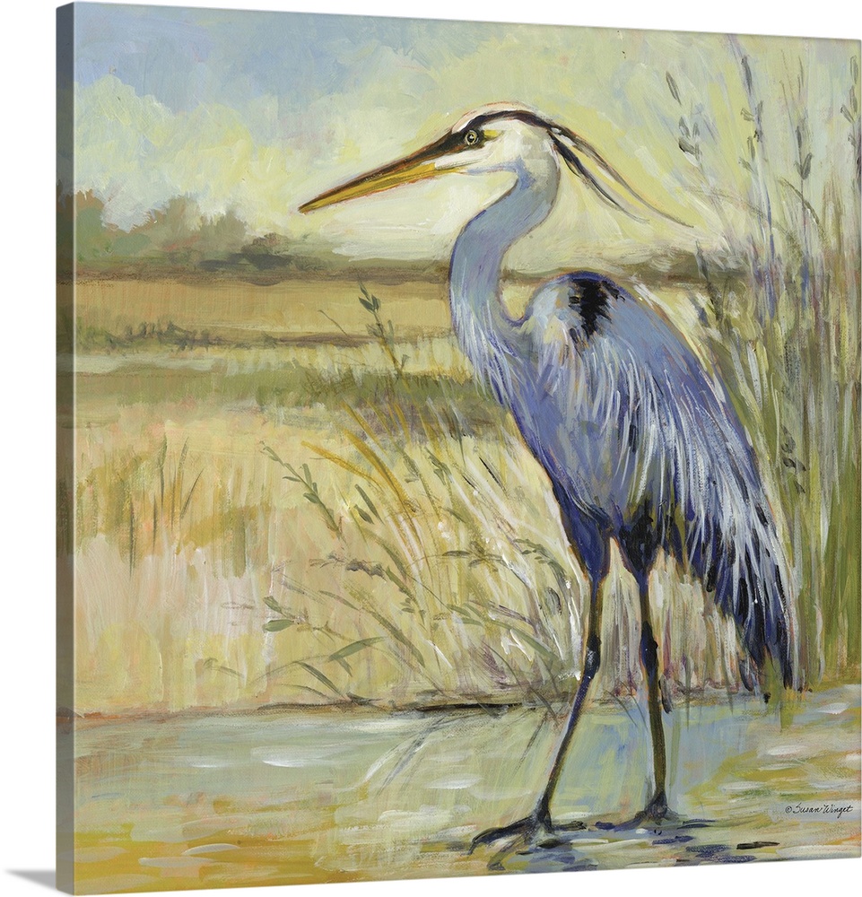 The stately heron is given stat treatment here.with a warm coastal palette.