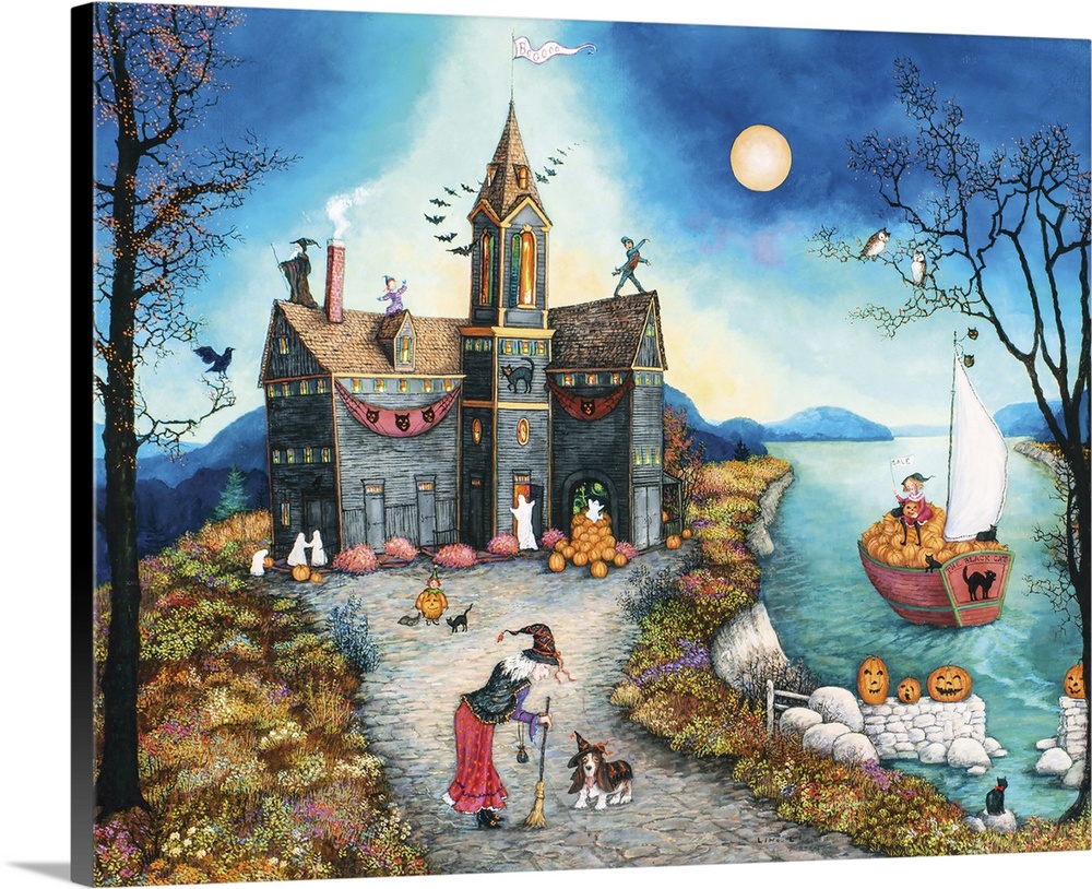 A contemporary painting of a bay side village scene in Halloween.