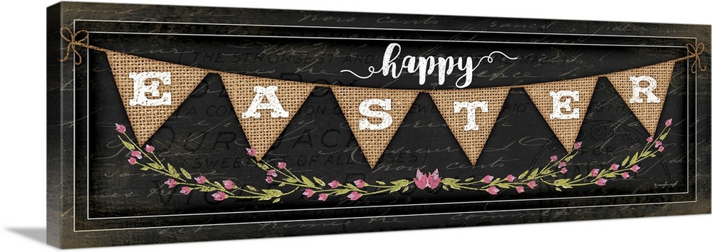 "Happy Easter" on a bunting banner with flowers.