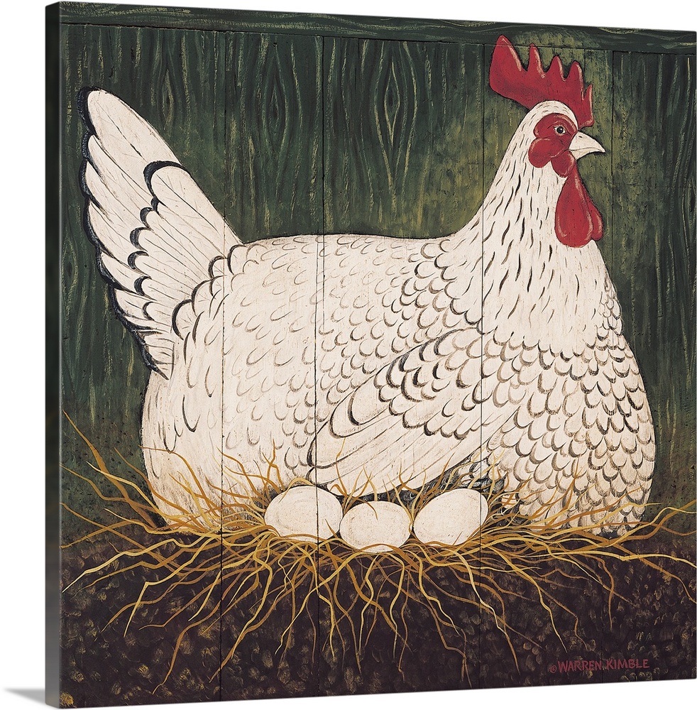 Americana farm animal scene.  Image of a large chicken sitting in its nest with three eggs on panel wood pieces.