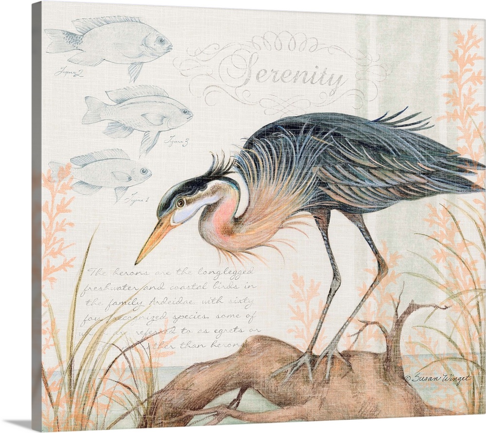 This heron in a lovely watercolor scene brings the coast into your home.