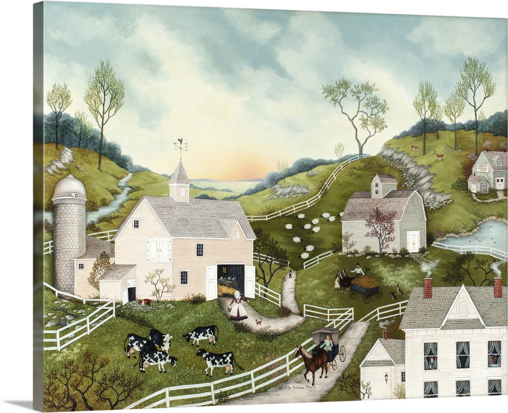 A contemporary painting of a countryside village scene.