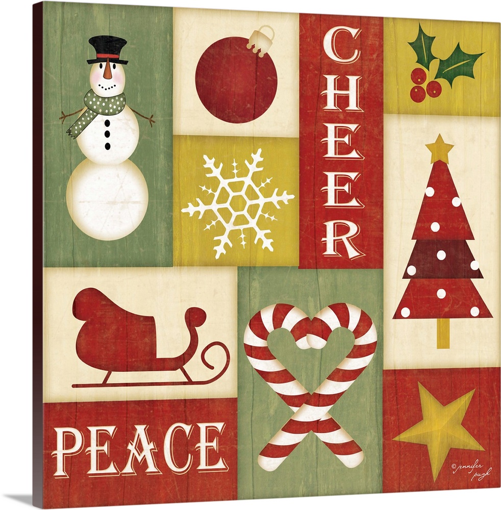 Holiday sentiments and designs on a colorful background.