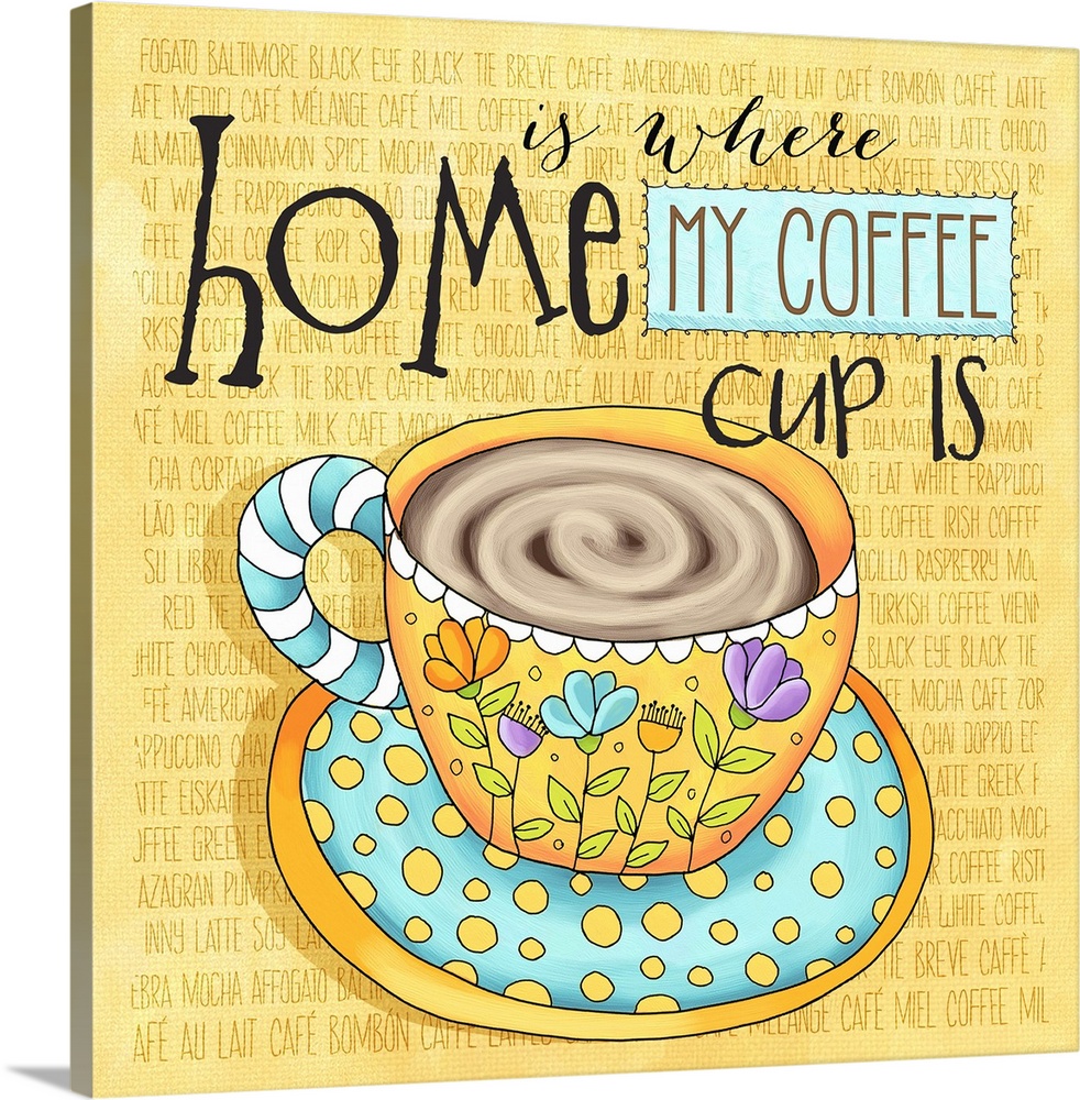 Whimsical coffee-themed art for the kitchen or office.