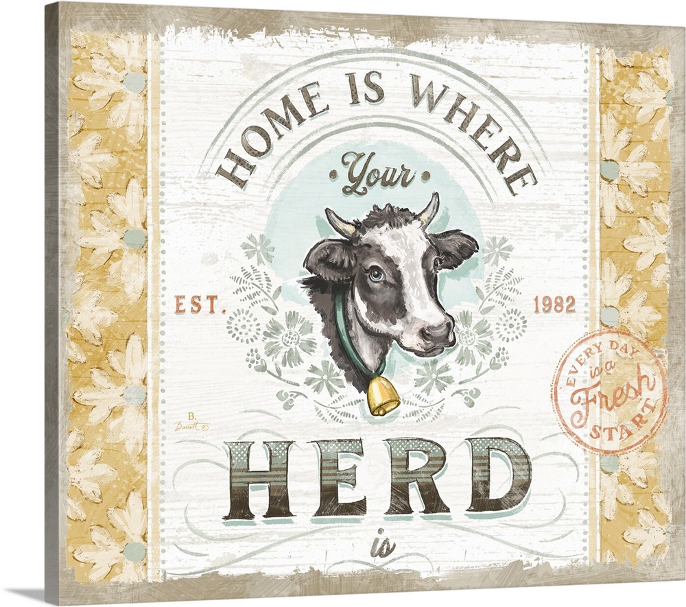 Vintage farmhouse signage of the ever-popular cow evokes a classic country style