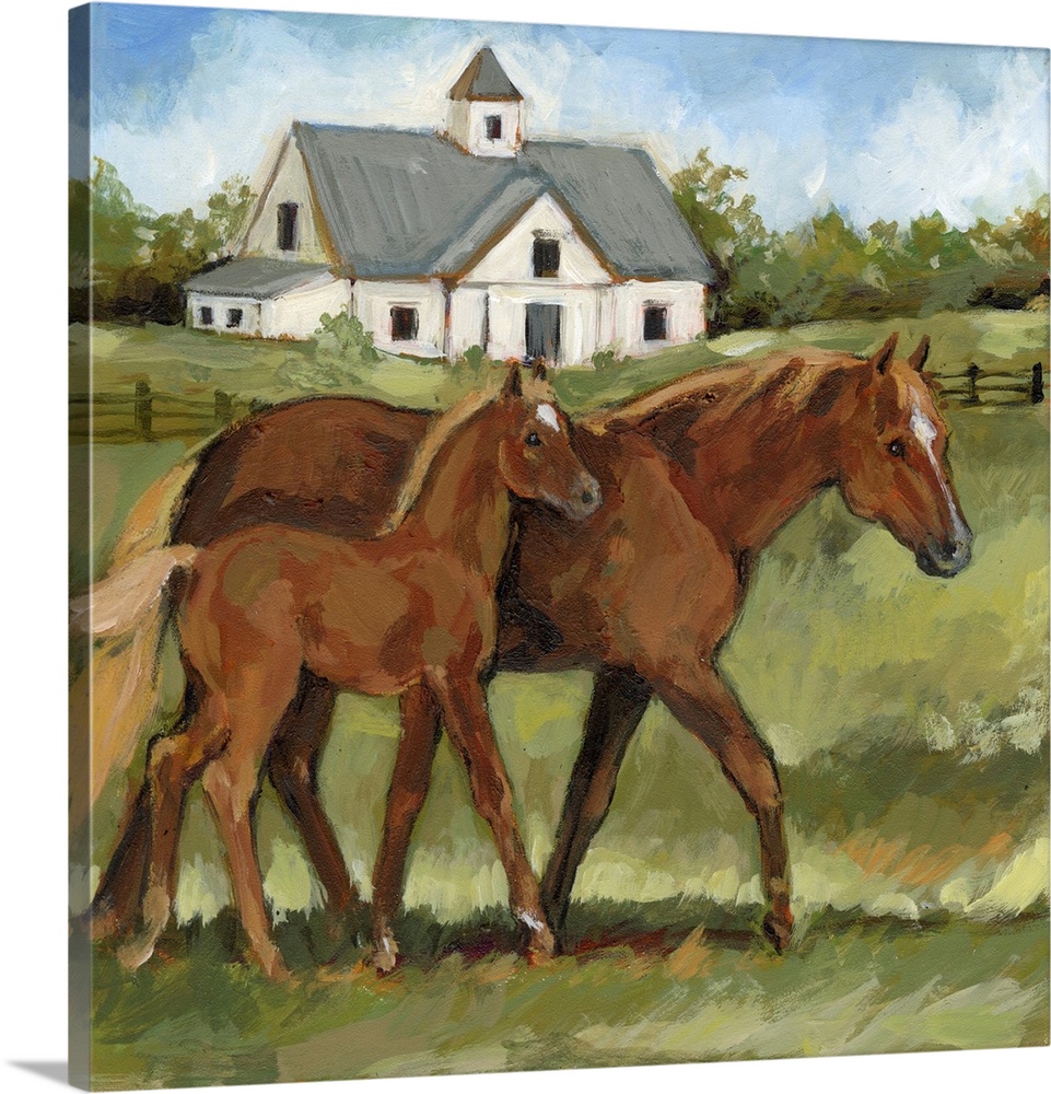 A richly depicted horse farm features the gentle interaction between mare and her foal