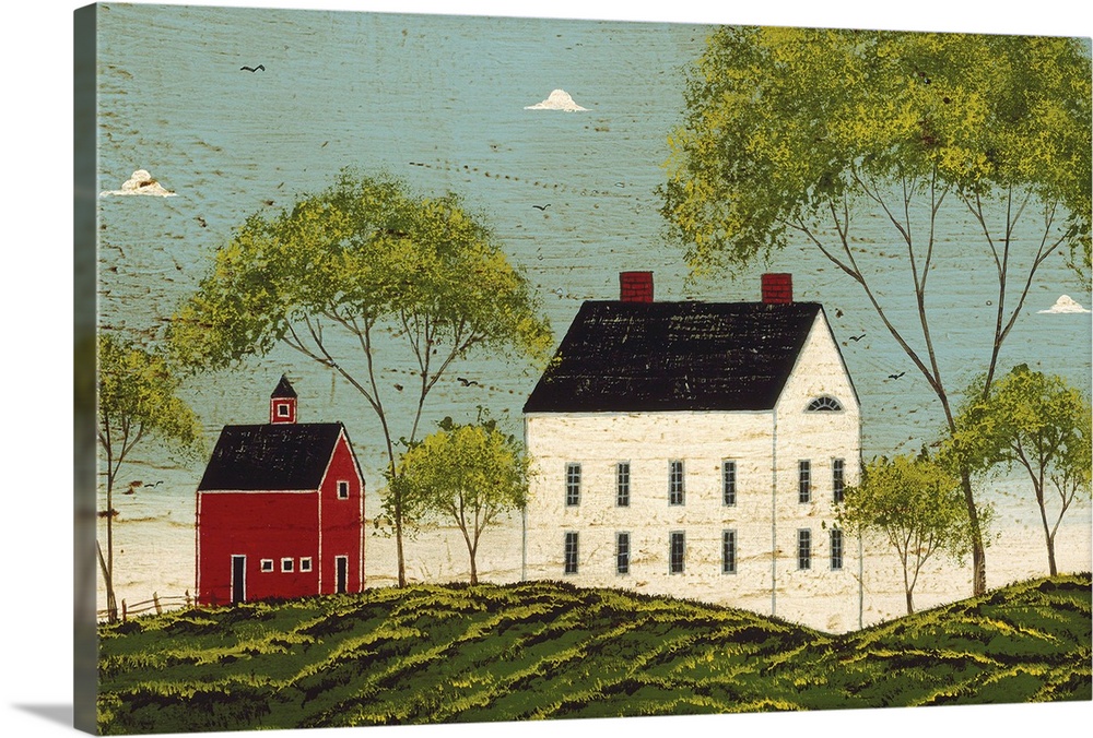 Contemporary artwork of a large white house with a smaller red barn just to the left of it on a grassy hill. There is an a...