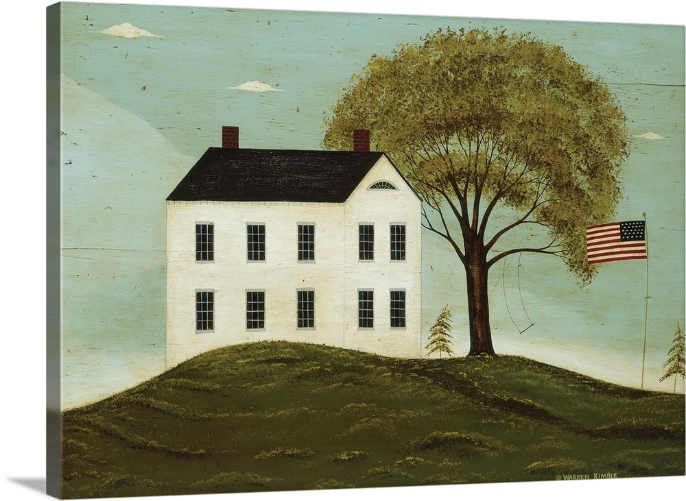 Landscape, folk art painting on a large canvas of a two story house on a hill, with a large tree in the yard where a swing...