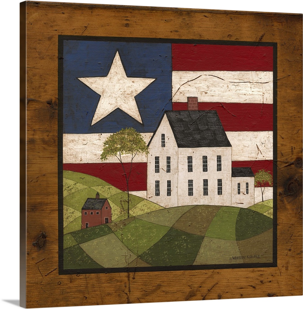 Americana house scene with faux wood frame.