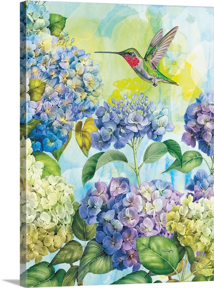A lovely illustration featuring the popular hydrangea with the beloved hummingbird.