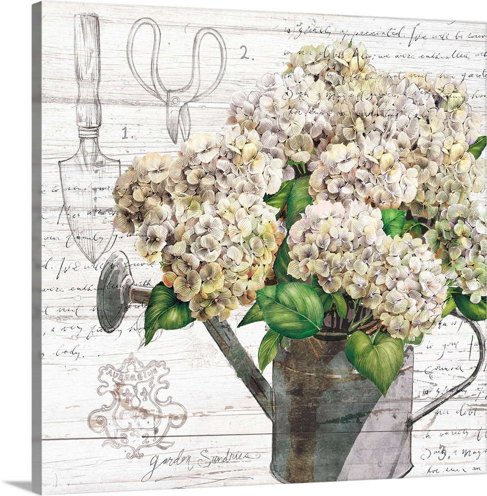 This farmhouse-style hydrangea-filled watering can in neutral tones adds sophisticated country to any decor.
