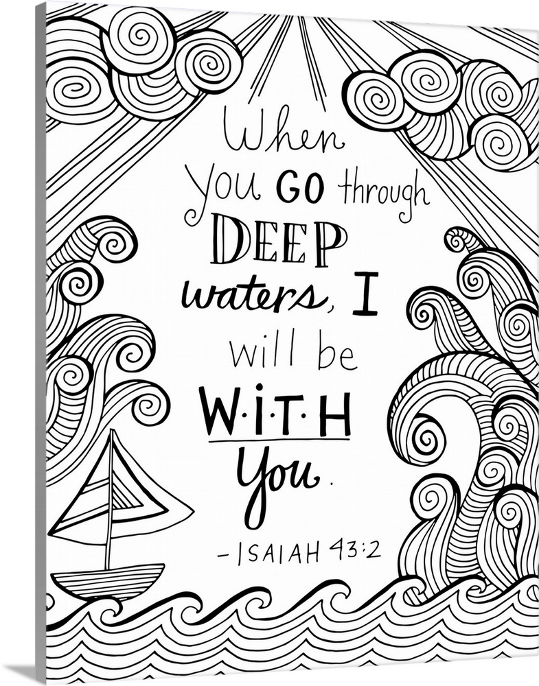 Bible verse, Isaiah 43:2, with a boat on the ocean and tall waves.