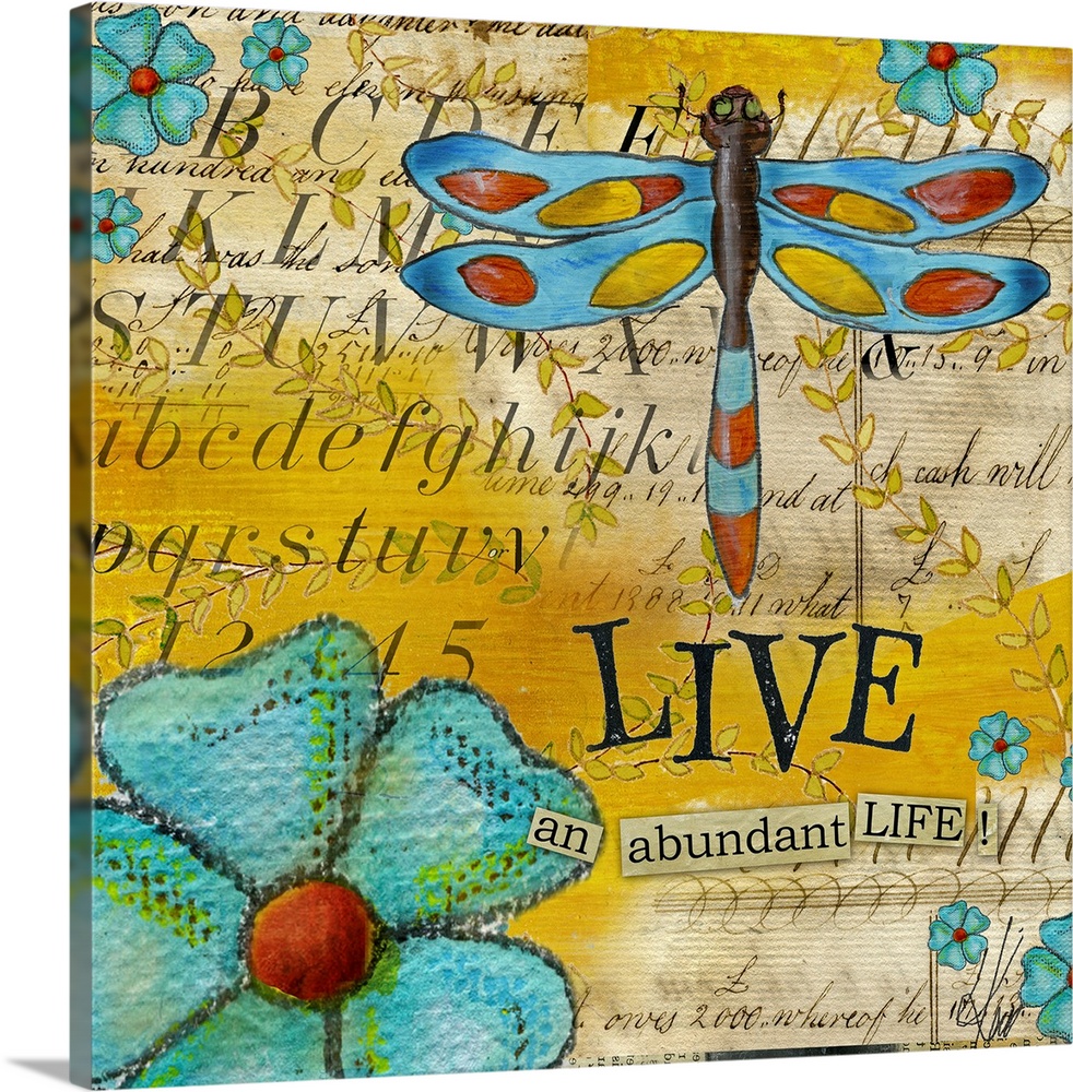 Square, oversized home art docor in vibrant colors, of various flowers and a large dragonfly over a background of collaged...