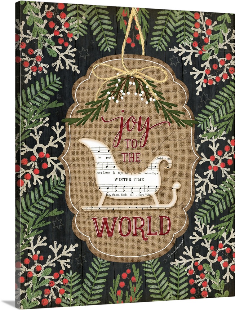 Christmas decor featuring a sled cut out of sheets of music and the words, "Joy to the world" .