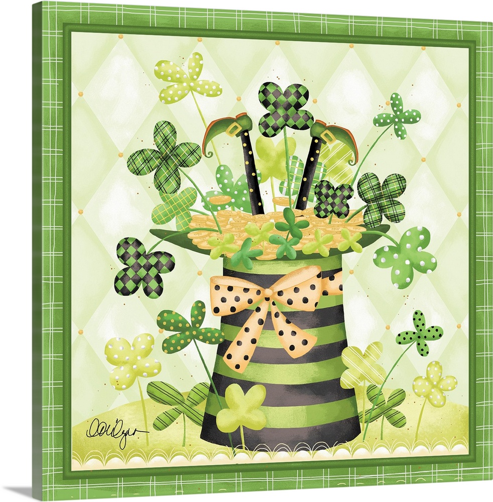 Cute St. Patrick's Day artwork of a leprechaun in a hat with lucky four-leaf clovers.