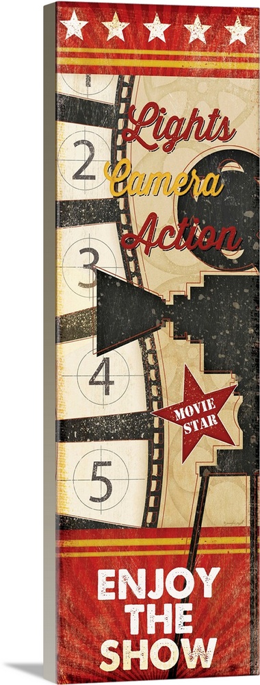 A digital illustration of "Lights, Camera, Action, Enjoy The Show" with a vintage appearance.