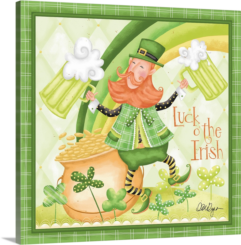 Cute St. Patrick's Day artwork of a leprechaun with beer and a green rainbow.