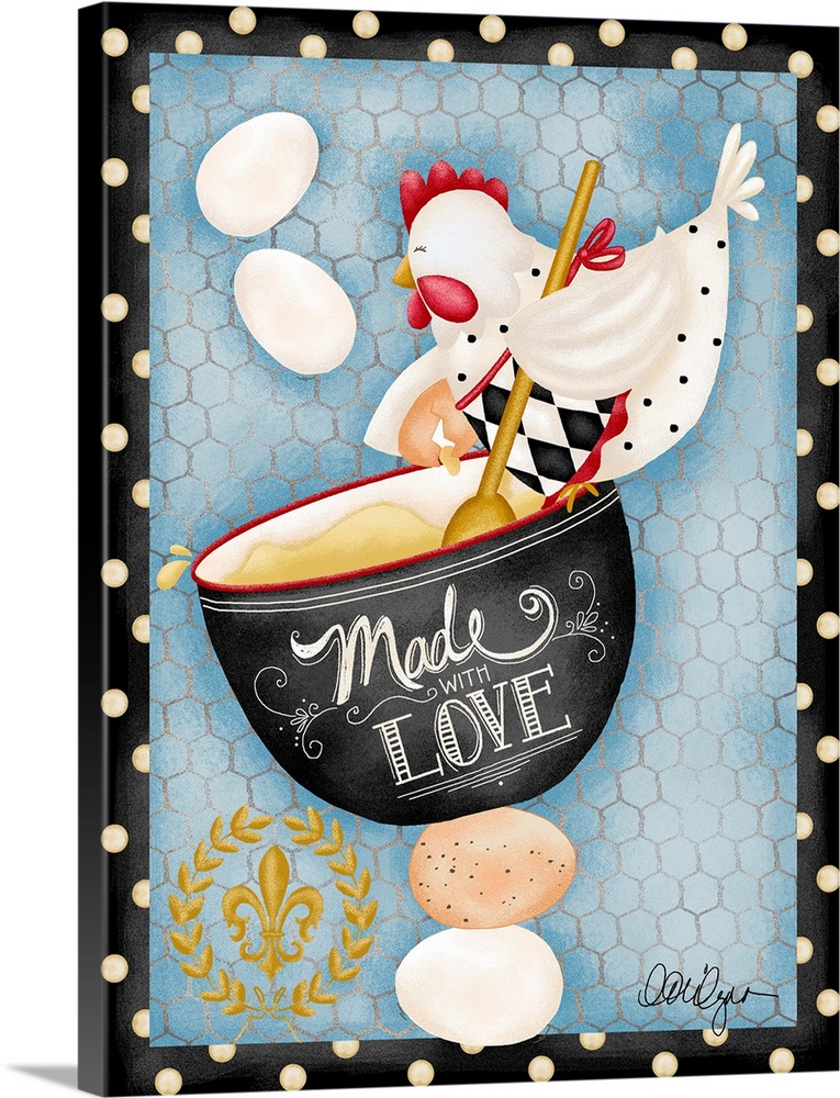 Whimsical hen with Made with Love message charming kitchen art.