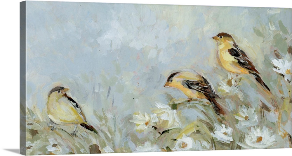 Yellow goldfinches are the feature in this elegantly rendered nature scene, perfect for any room.