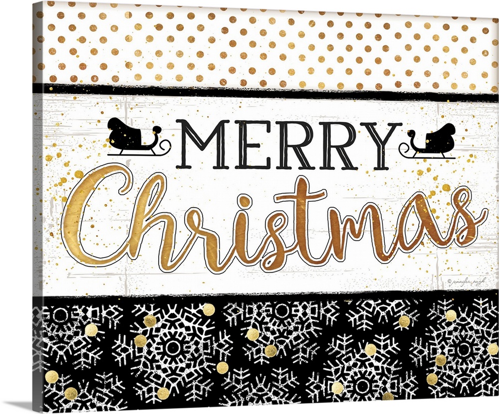 A digital illustration of "Merry Christmas" on a decorative black, gold and white background.