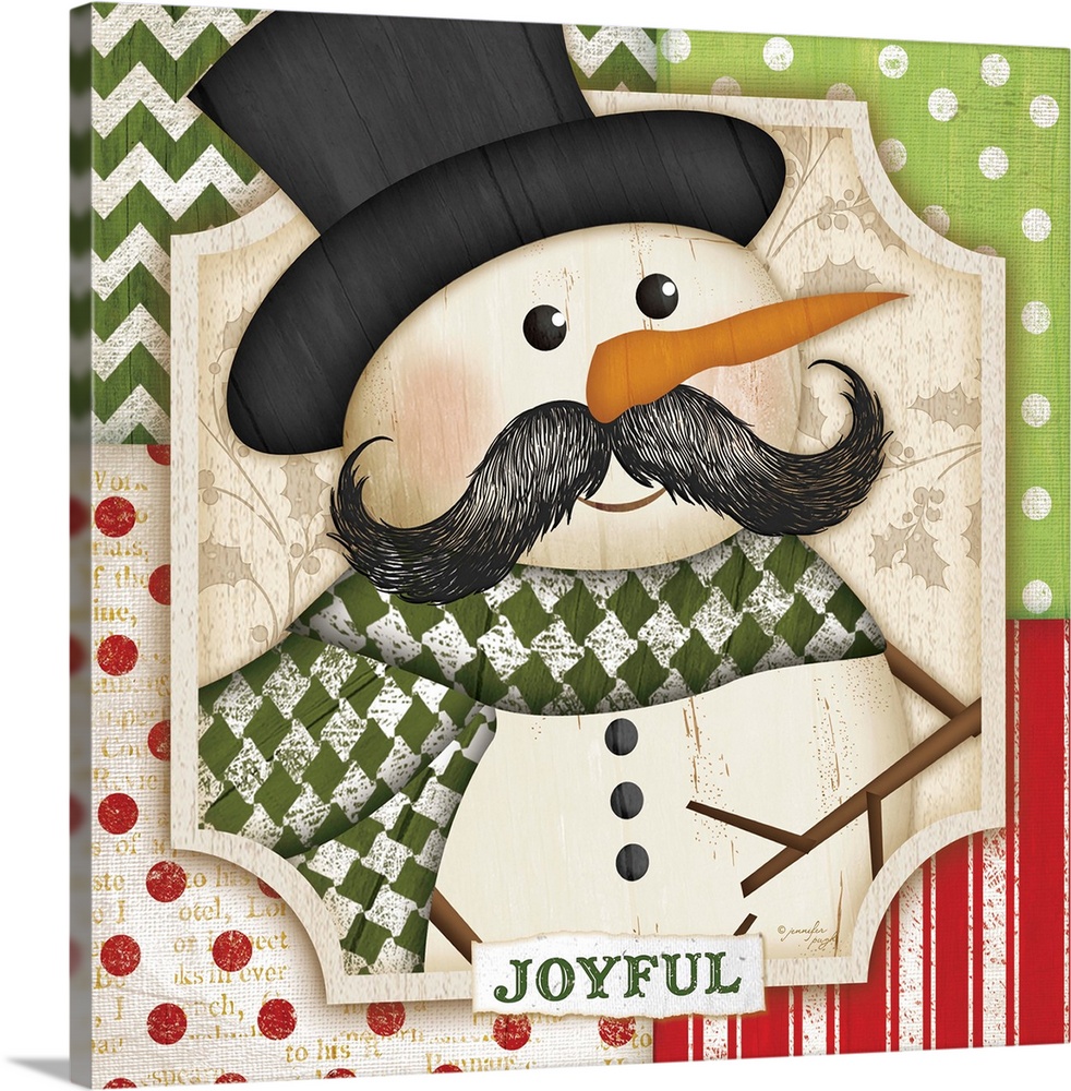 Painting of a snowman with a mustache with a holiday border.