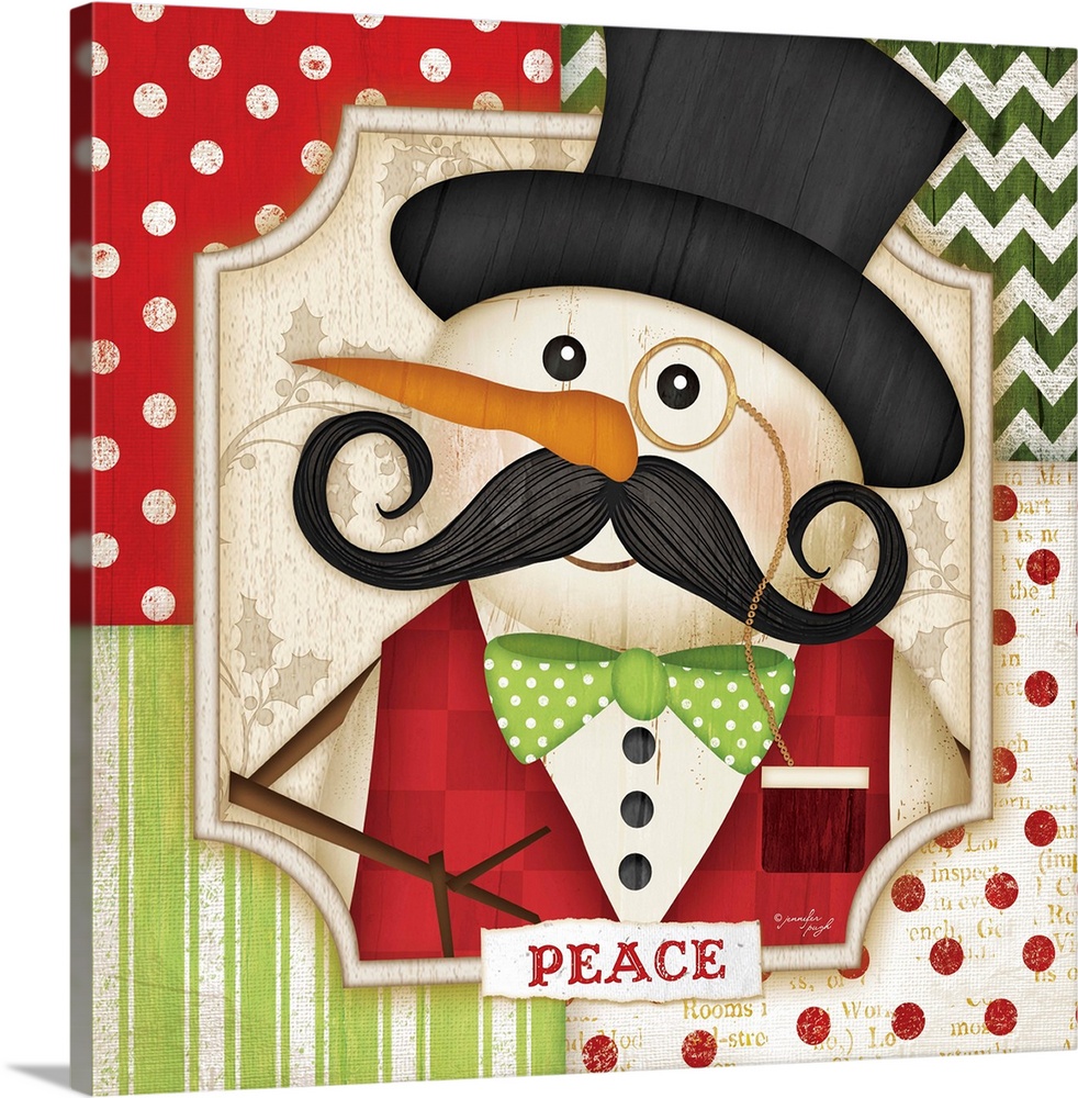 Holiday art of a snowman with a mustache and a patterned border.