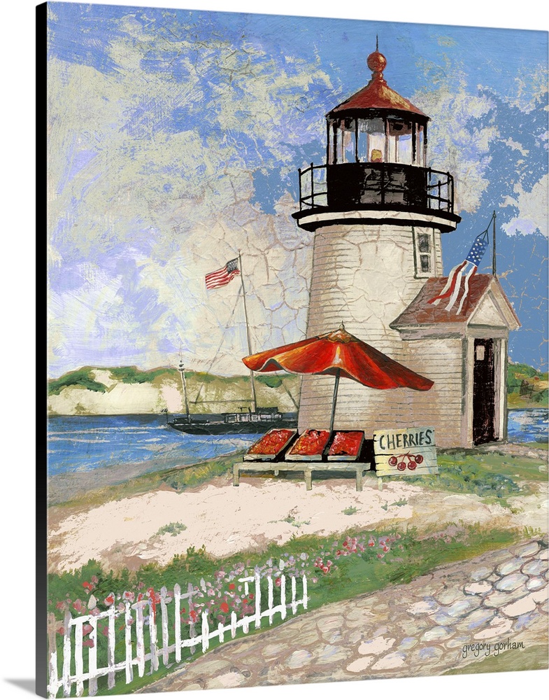 Watercolor painting of a tall lighthouse on the coast near a stone path.