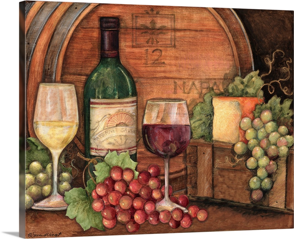 Artwork perfect for the kitchen of wine and grapes beautifully placed in front of a wine barrel.