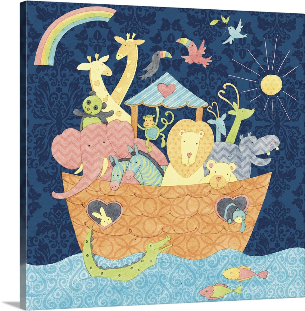 Noah's Ark is sweetly depicted hereperfect for baby's room.