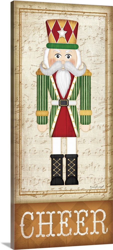 Holiday themed home decor artwork of a nutcracker wearing a green striped tunic above the word Ch...
