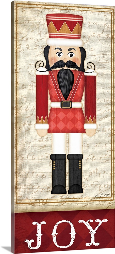 Holiday themed home decor artwork of a nutcracker wearing a red tunic above the word Joy.
