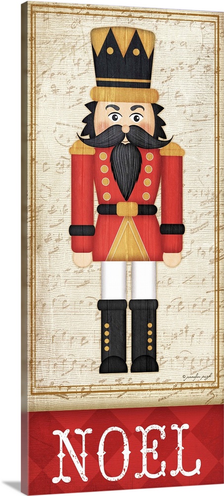 Holiday themed home decor artwork of a nutcracker wearing a red tunic above the word Noel.