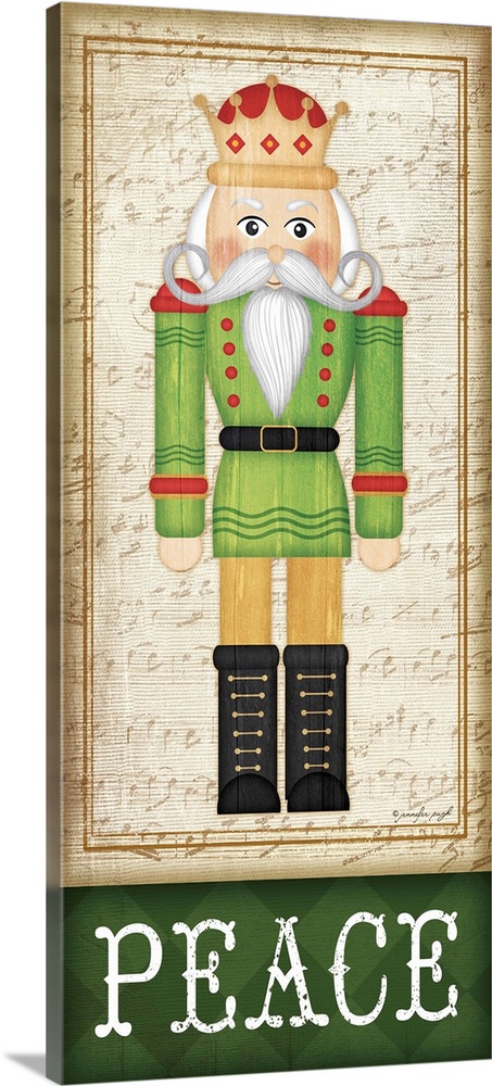 Holiday themed home decor artwork of a nutcracker wearing a green tunic above the word Peace.