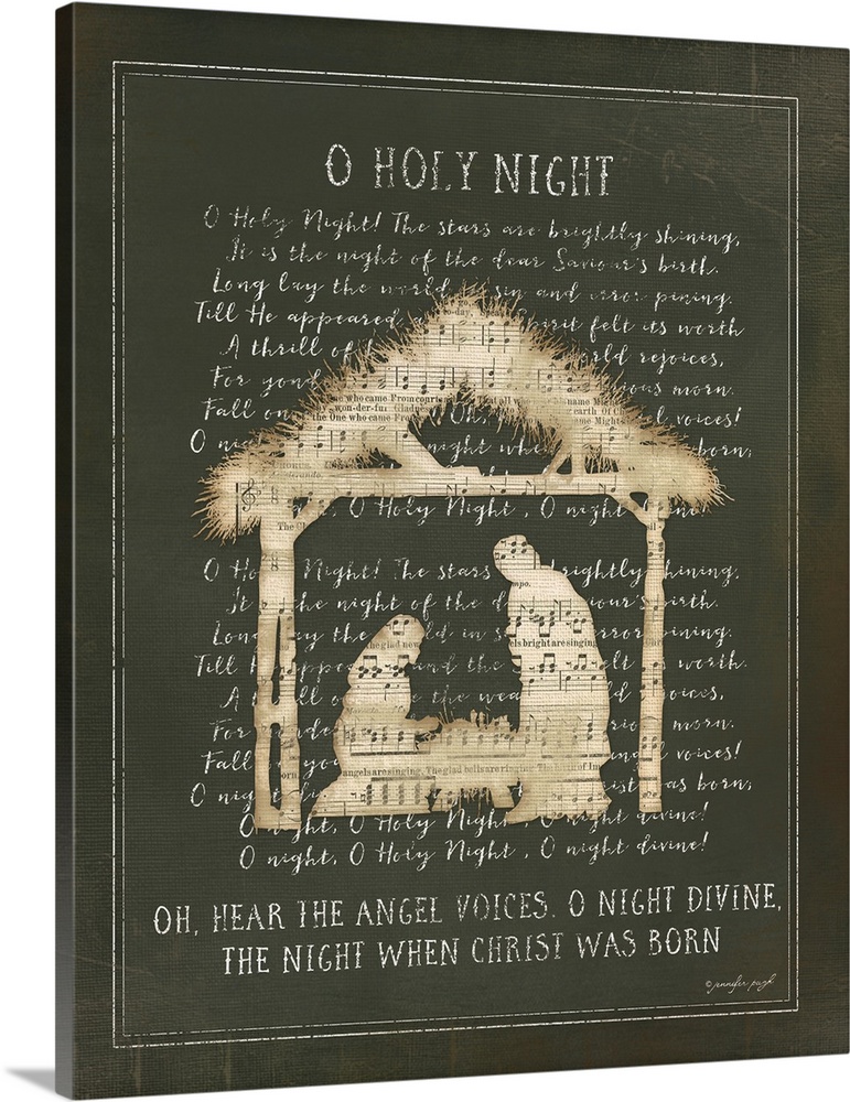"O Holy Night" Lyrics on a green background.
