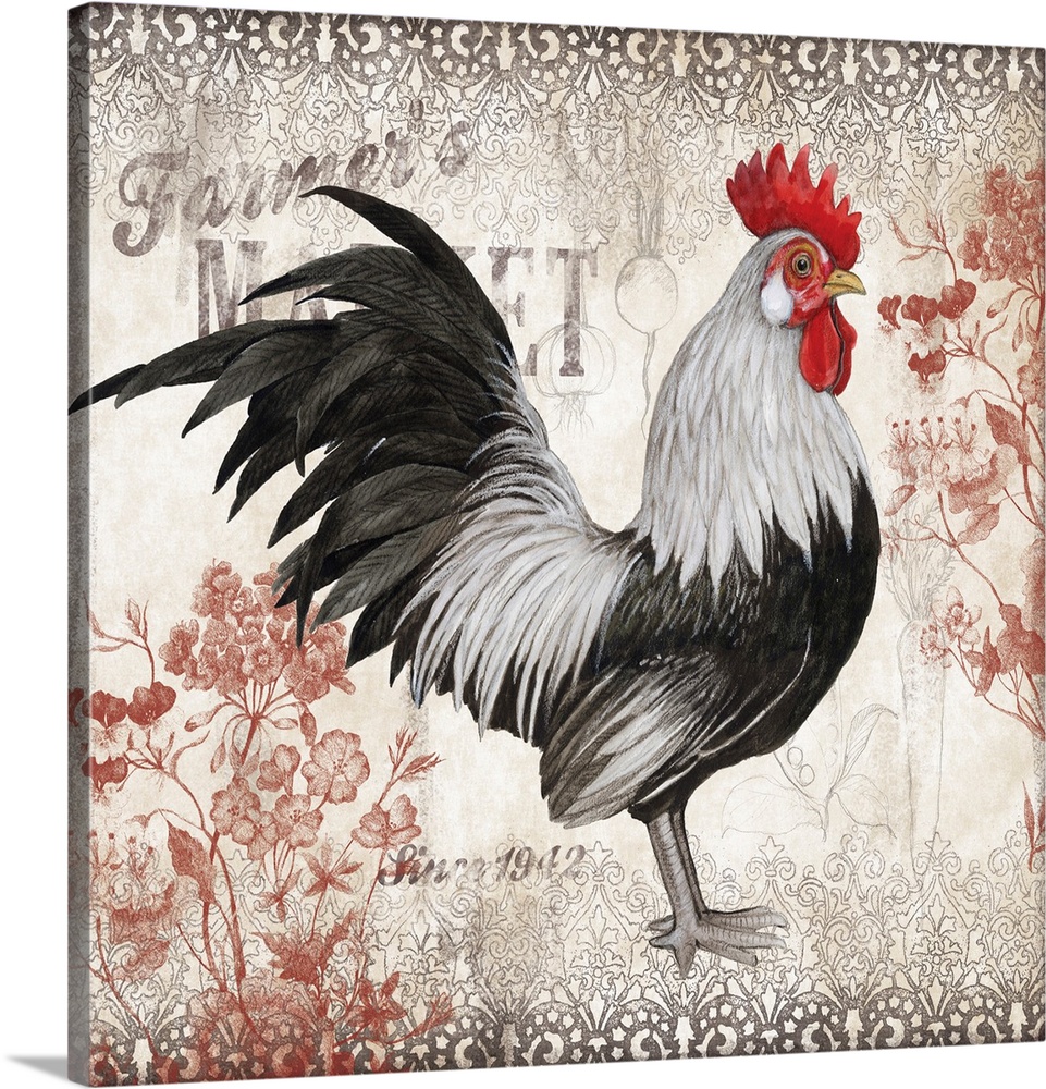 A striking black and white rooster makes a strong country decor statement.