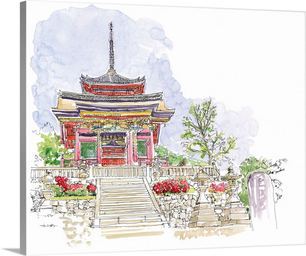 A lovely pen and ink depiction of a Japanese pagoda