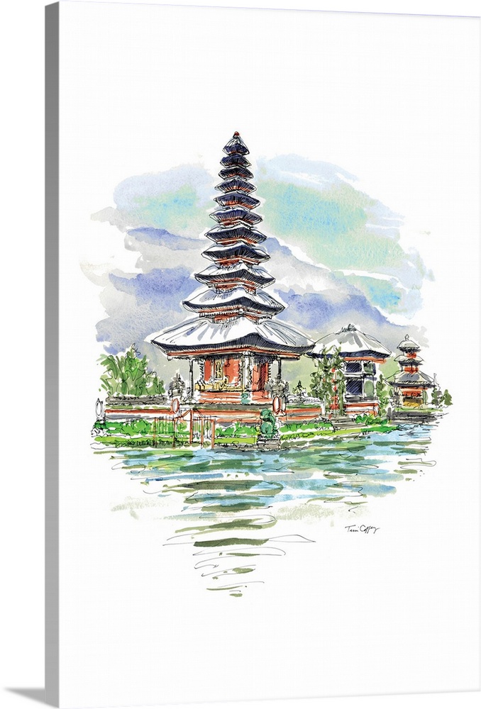 A lovely pen and ink rendering of a pagoda captures the mystery of the Orient