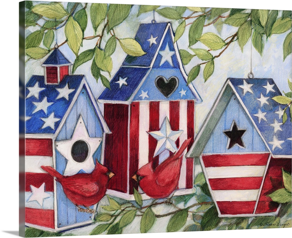 A trio of patriotic birdhouses celebrate American nature.