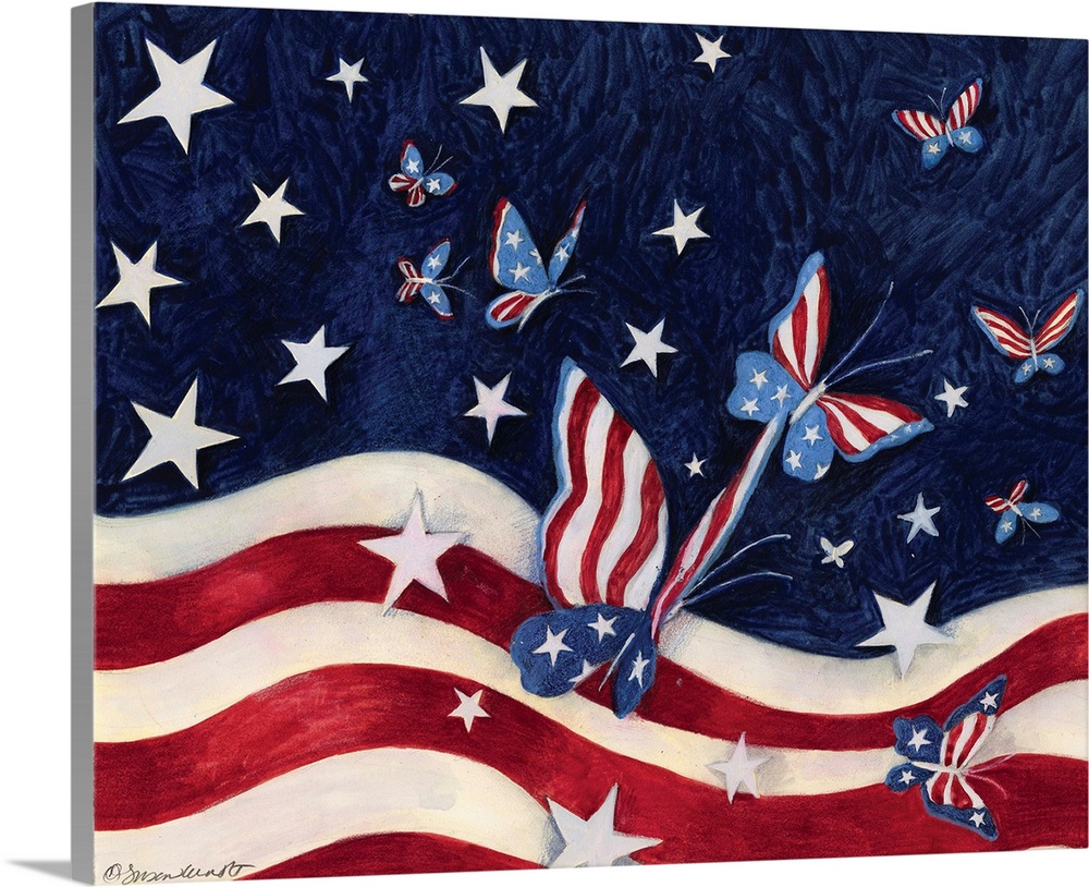 Waving stars and stripes of the American flag with similar patterned butterflies hovering around.