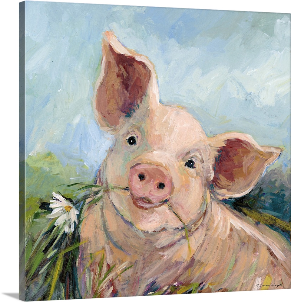 This comely pig enjoys posing with her flower! A fresh country decor look.