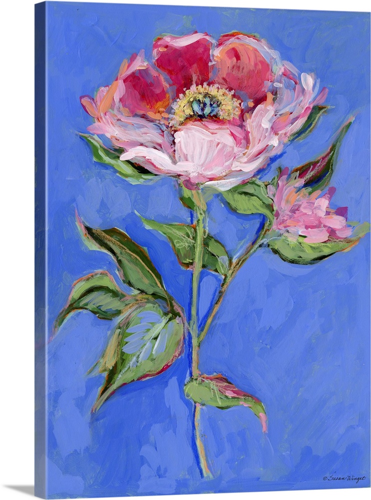 This strikingly beautiful botanical features a lovely camelia against a bold blue backdrop.