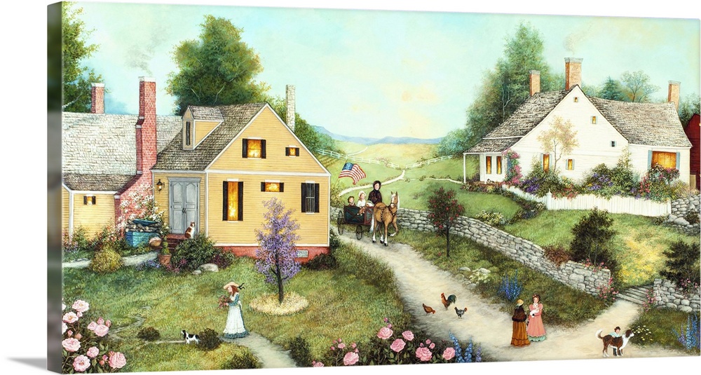 A contemporary painting of a countryside village scene.
