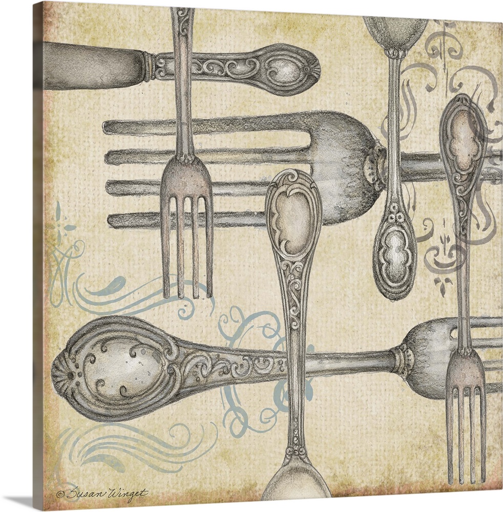 Vintage flatware on burlap in sophisticated montage, perfect for dining room or kitchen