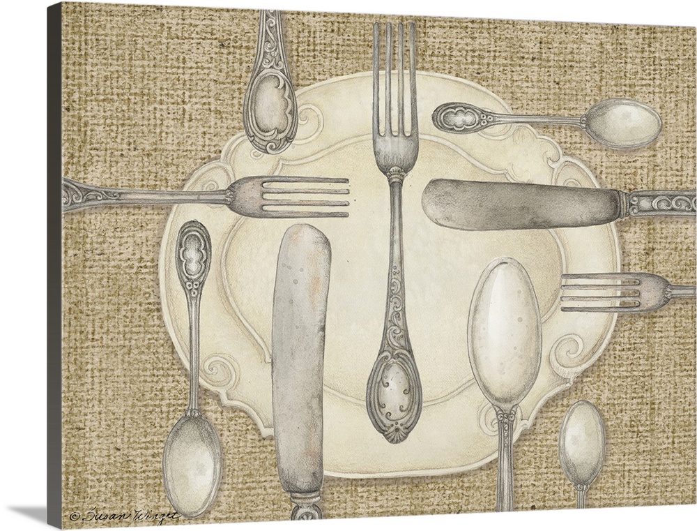 Vintage flatware on burlap in sophisticated montage, perfect for dining room or kitchen